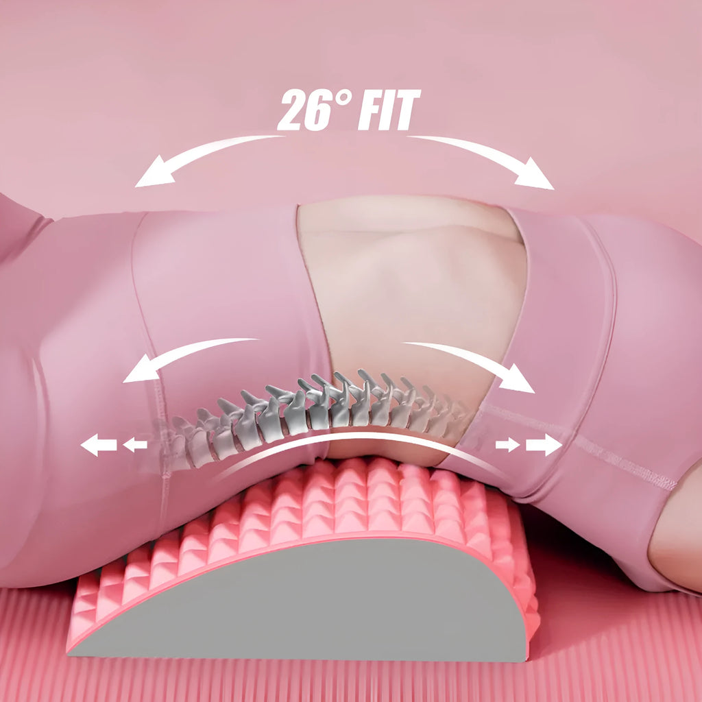 Blue EVA foam back stretcher pillow for neck and lumbar pain relief, 33cm long on a chair