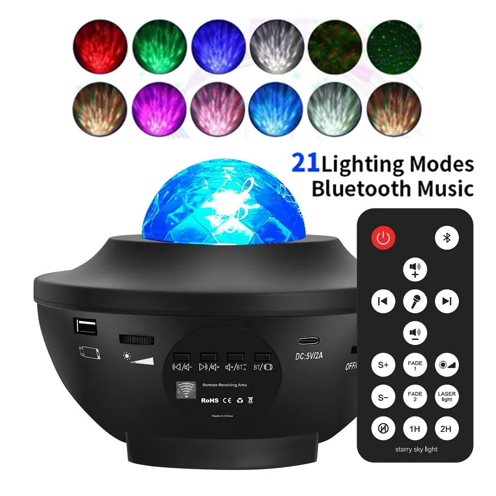 Black desktop projection lamp showing starry sky patterns with water ripple laser effects