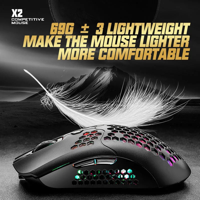 Free Wolf X2 wireless gaming mouse in five colour options showing RGB lighting and ergonomic design