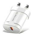 White and black universal USB wall charger for mobile phones with EU, UK, and US plug options