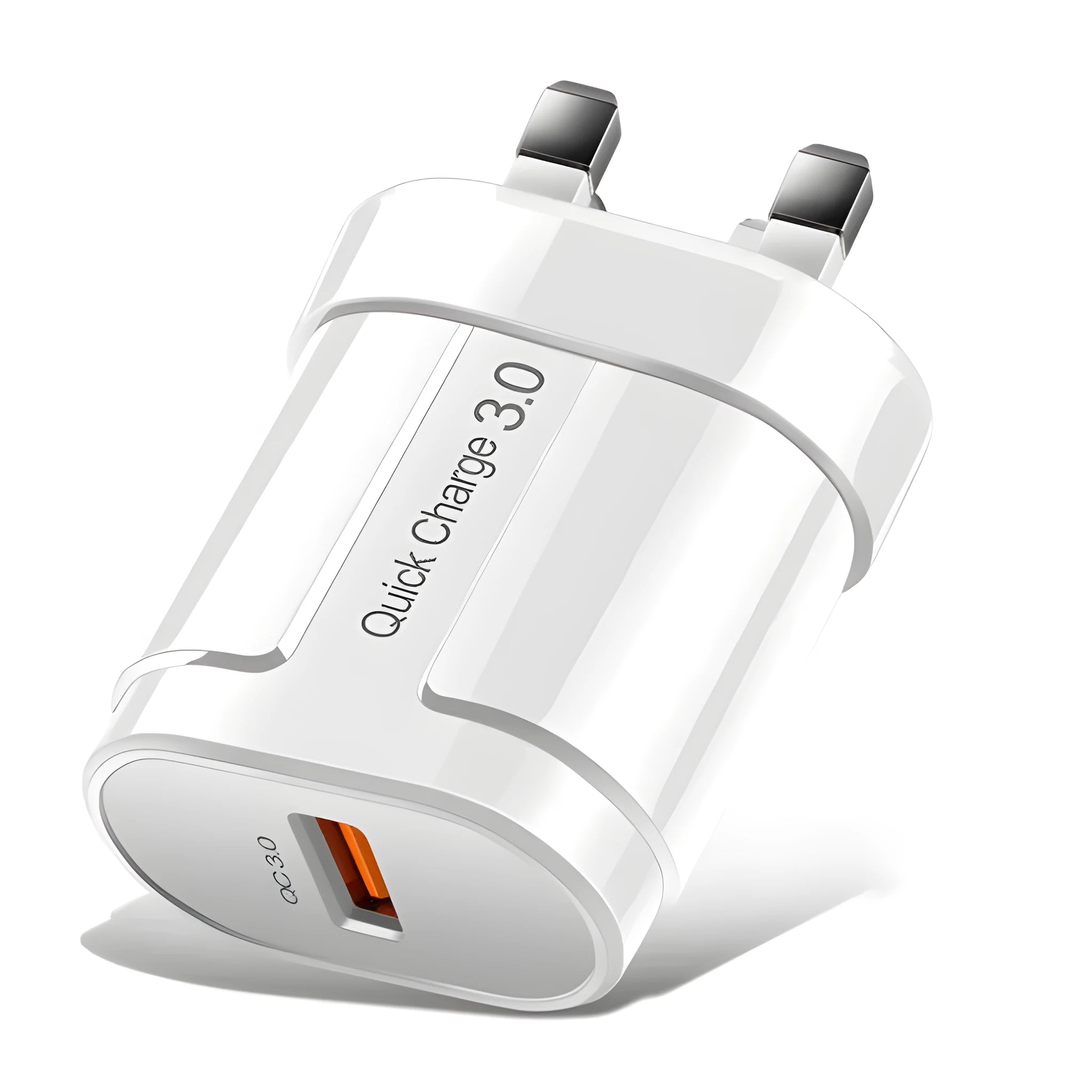 White and black universal USB wall charger for mobile phones with EU, UK, and US plug options