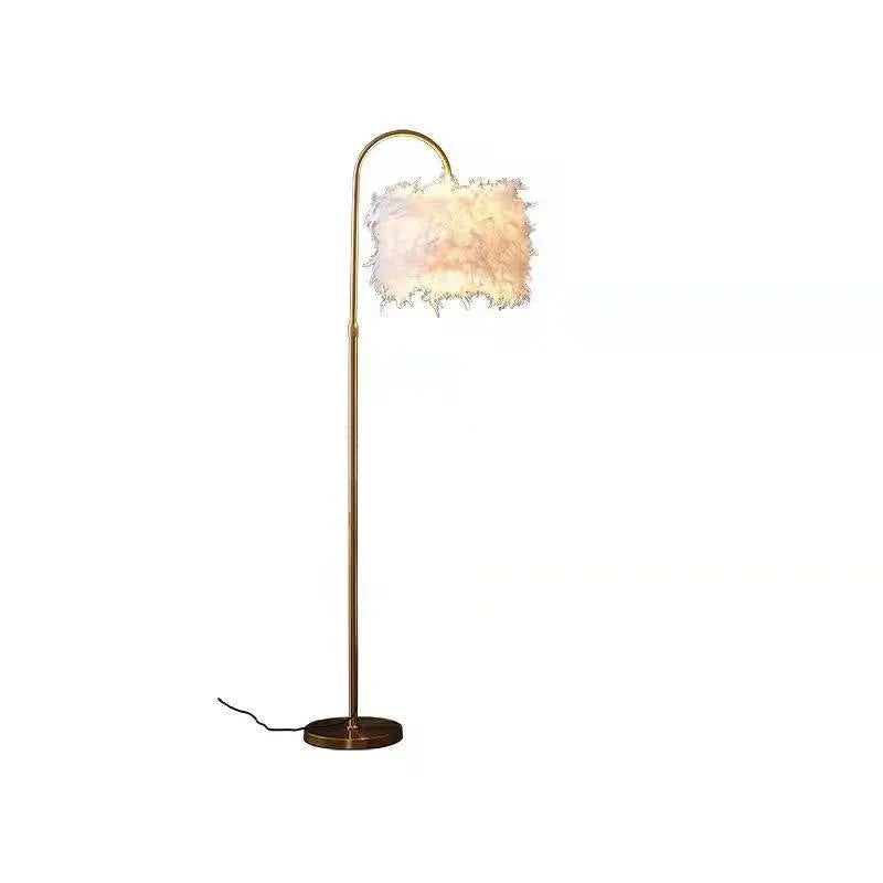 LED white feather floor lamp with gold copper finish and curved iron stand 155cm tall