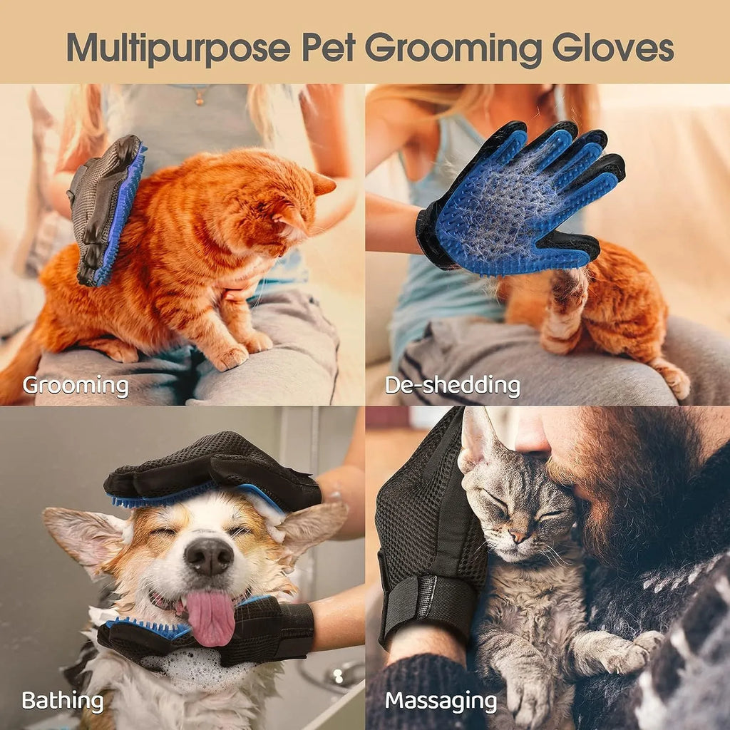 Blue pet grooming gloves with silicone tips for brushing cats and dogs