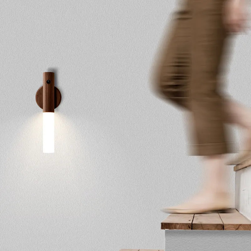 Smart sensor LED desk lamp in coffee colour with solid wood base and organic glass light diffuser
