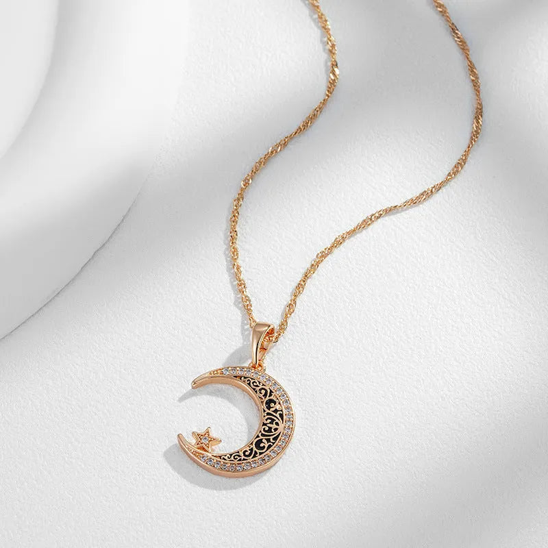 Rose gold plated necklace with star and moon zircon pendant on water wave chain