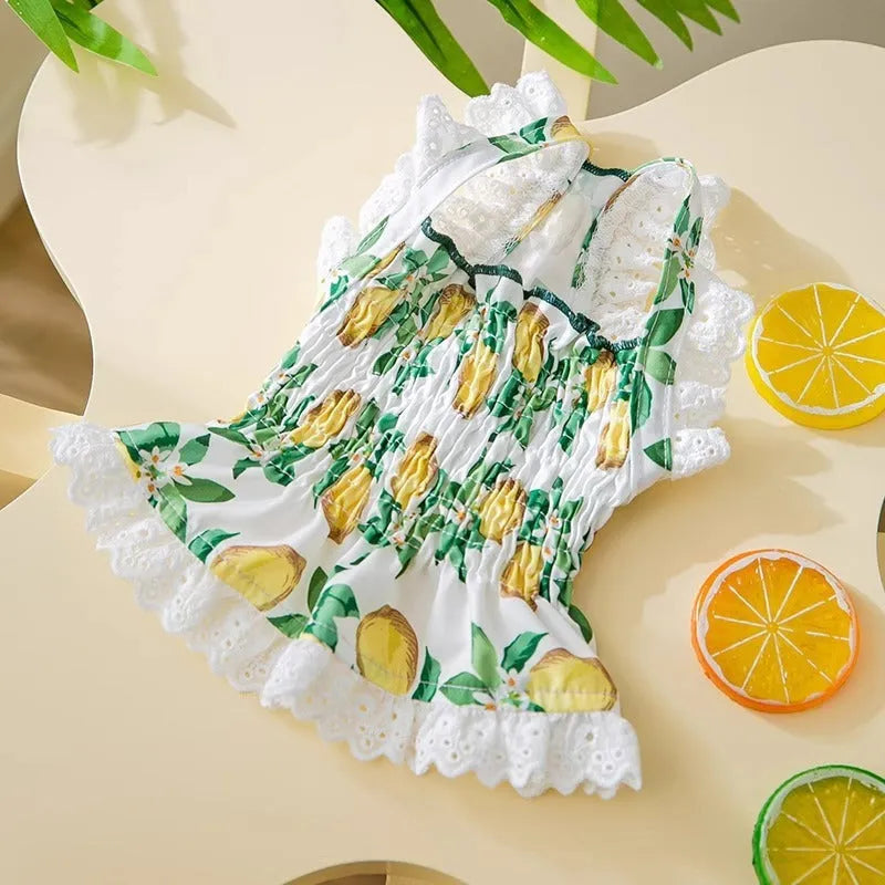 Rock yellow lemon polyester dog dress with adjustable strap skirt in princess style for small dogs