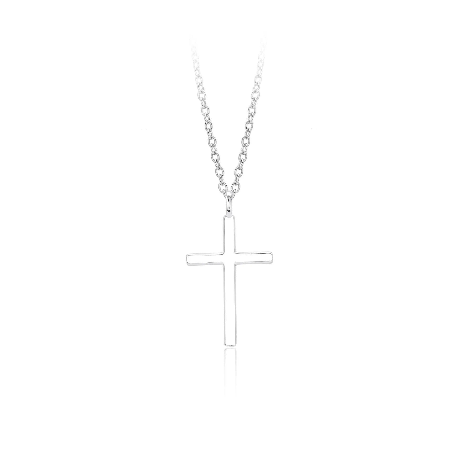 S925 sterling silver necklace with a simple glossy cross pendant on an adjustable O-shaped chain.