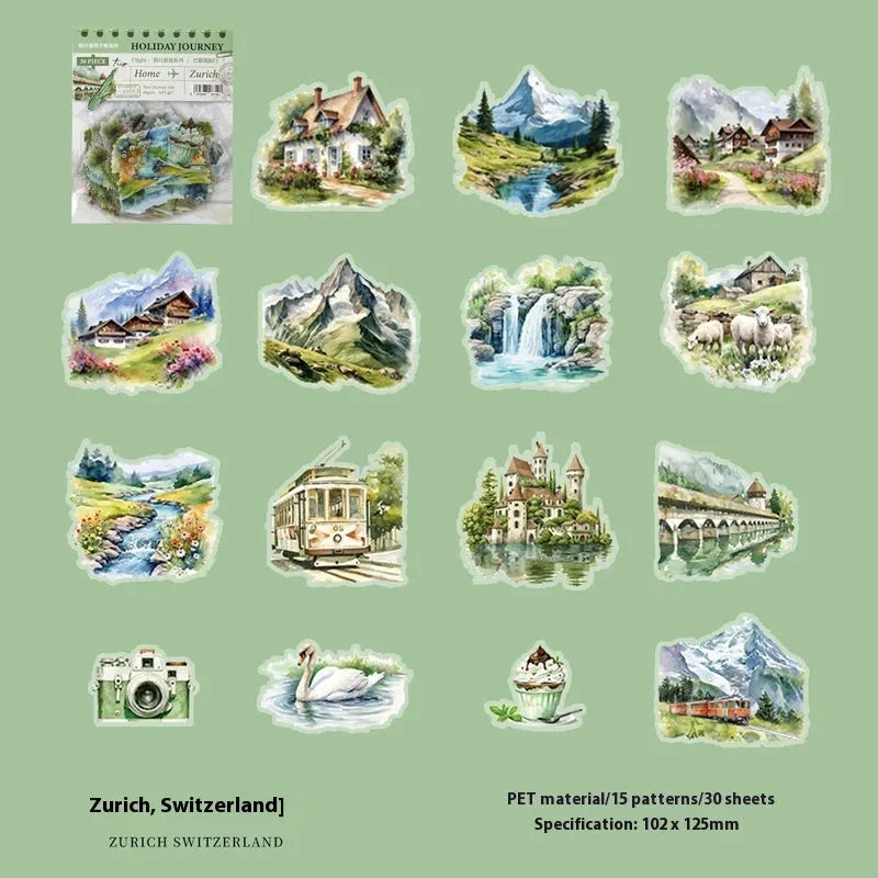 Holiday Journey Series retro architecture stickers with six landmark designs including Big Ben and Arc de Triomphe