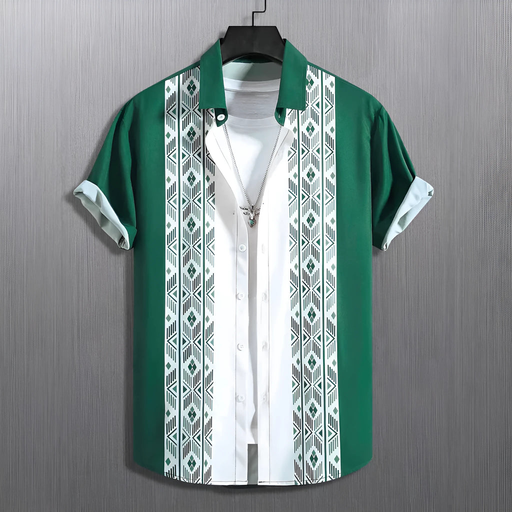 Men's loose plaid short-sleeve shirt with a contrast colour lapel collar, shown in a cardigan style.