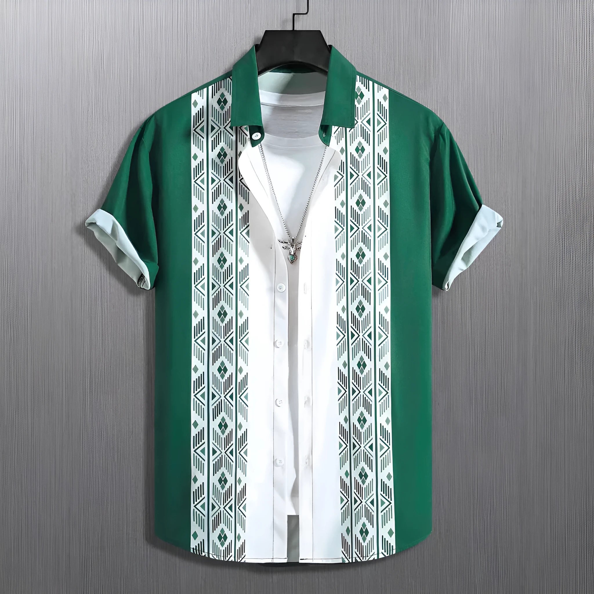 Men's loose plaid short-sleeve shirt with a contrast colour lapel collar, shown in a cardigan style.