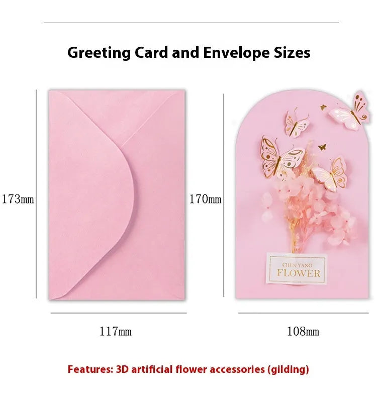 Handmade 3D butterfly-shaped birthday card with artificial flowers and hot foil stamping details.