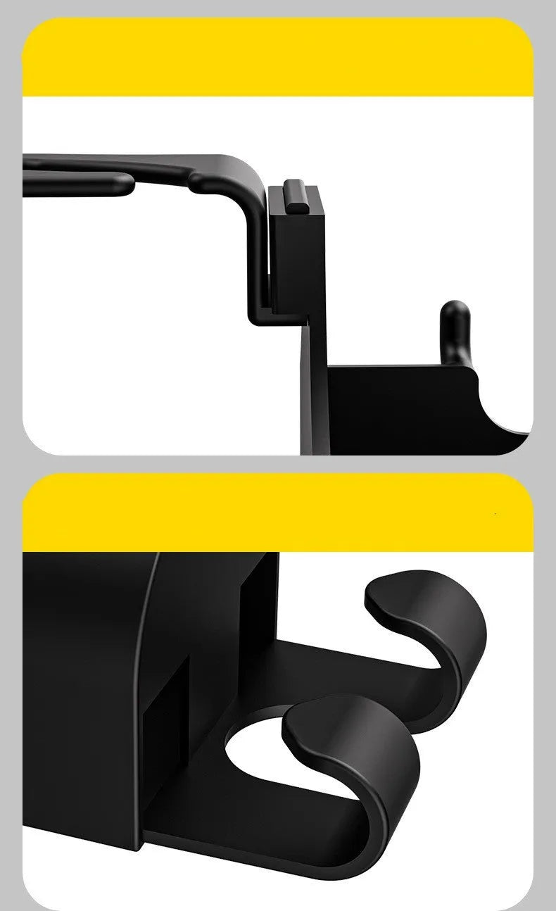 Black plastic car hook seat back organiser with cup holder and hooks for vehicle storage