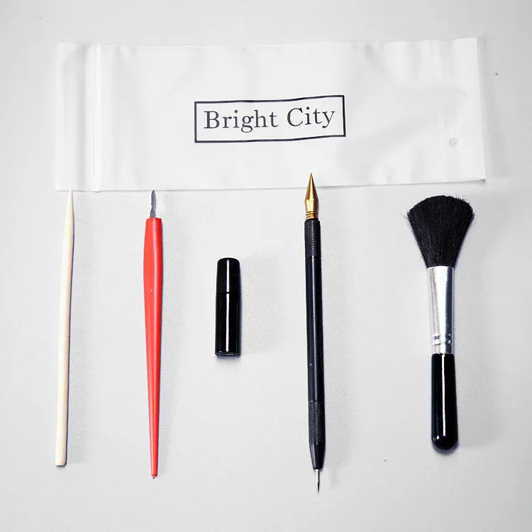 Scratch art tool kit with scraper pen, repair solution, brush, and bamboo sticks for detailed artwork