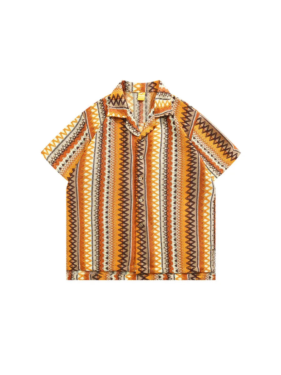 Ethnic pattern Cuban collar shirt in loose fit with contrasting colours and drop-shoulder sleeves