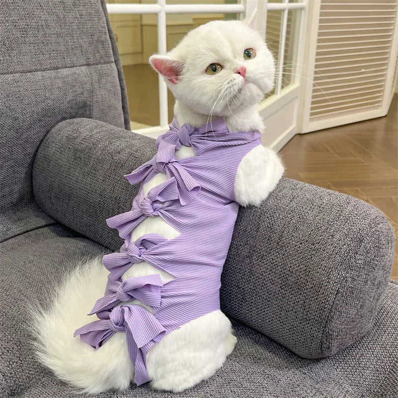 Lace-up polyester cat sterilisation clothing in multiple colours on size chart for 1.5kg to 9kg pets.