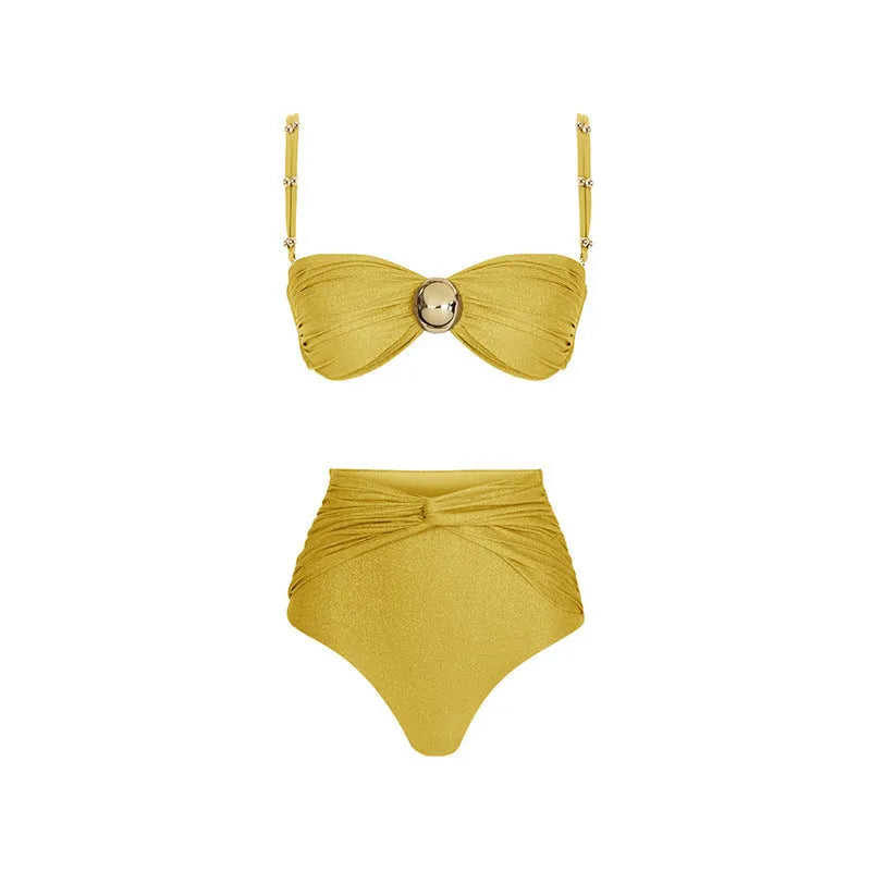 Women's split swimsuit bikini with high waist design in green and yellow colour options