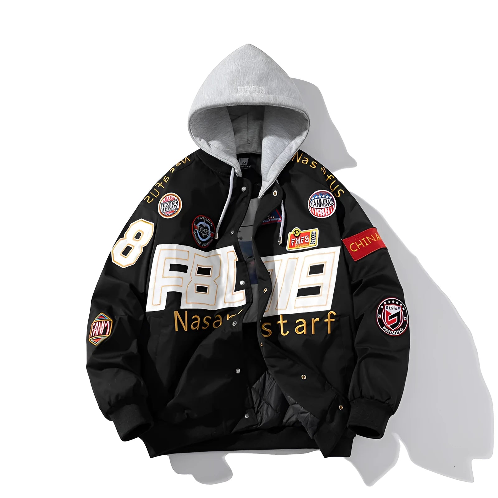Loose-fit black motorcycle-inspired baseball jacket with side pockets on a hanger.