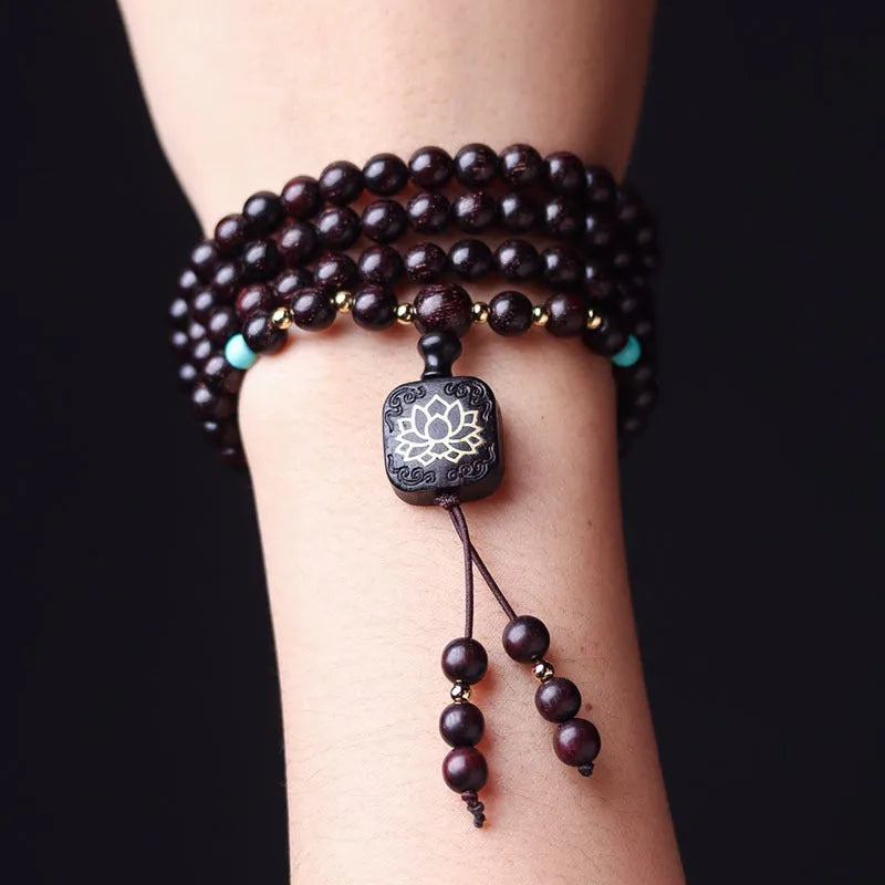 Zambian rosewood Buddha beads bracelet with flat lotus pendant, 108 beads, 0.6 cm size.