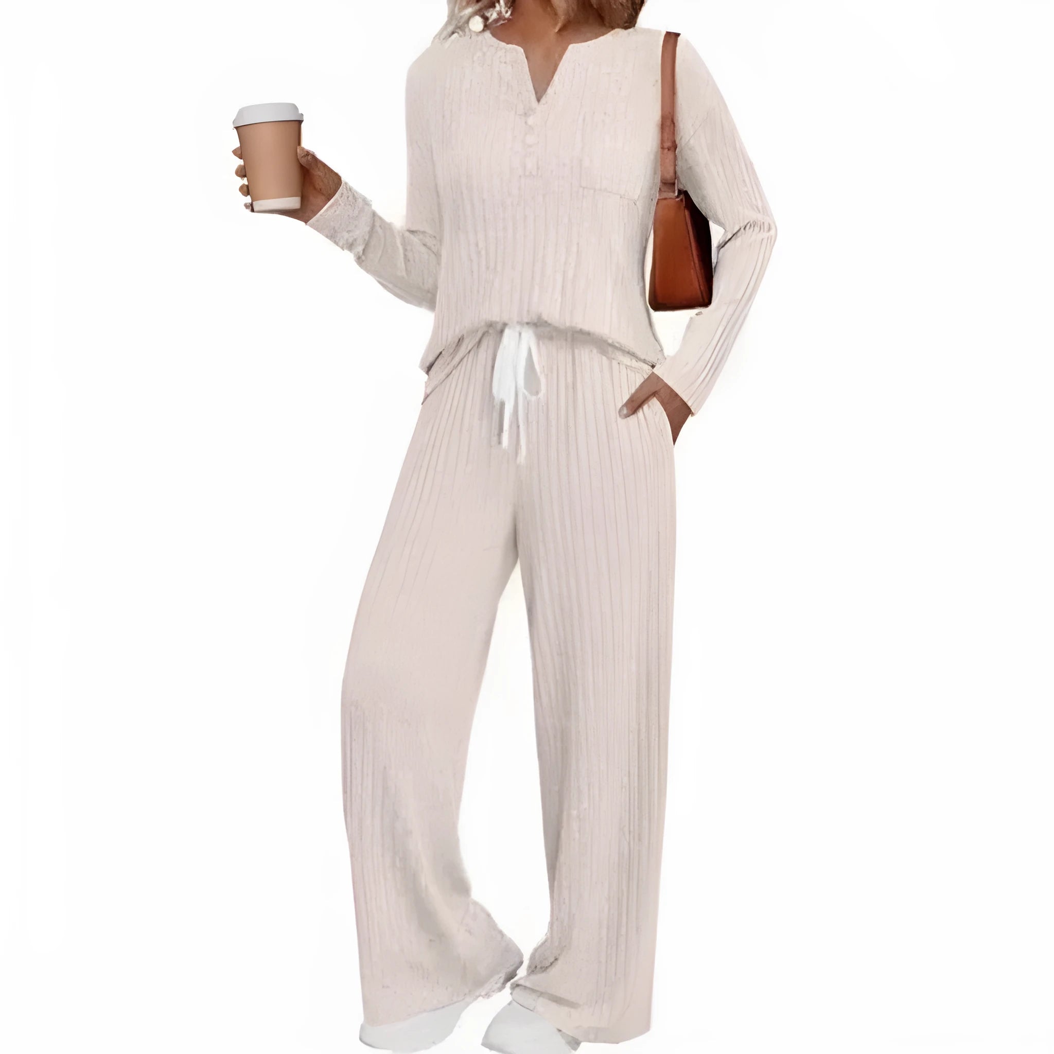 Women's V-neck striped knit long coat in light grey with long sleeves and pockets.