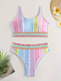 Women's striped two-piece bikini swimwear set for swimming sports activities