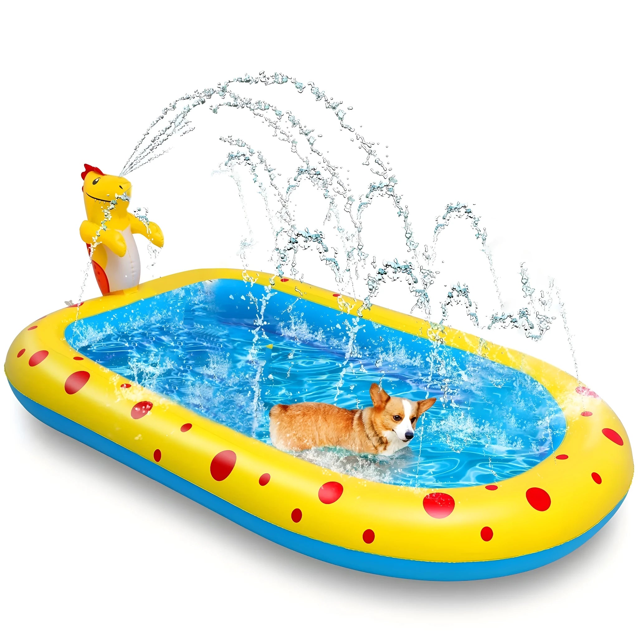 Blue inflatable dinosaur water spray pool with spray toys measuring 170cm long for outdoor play