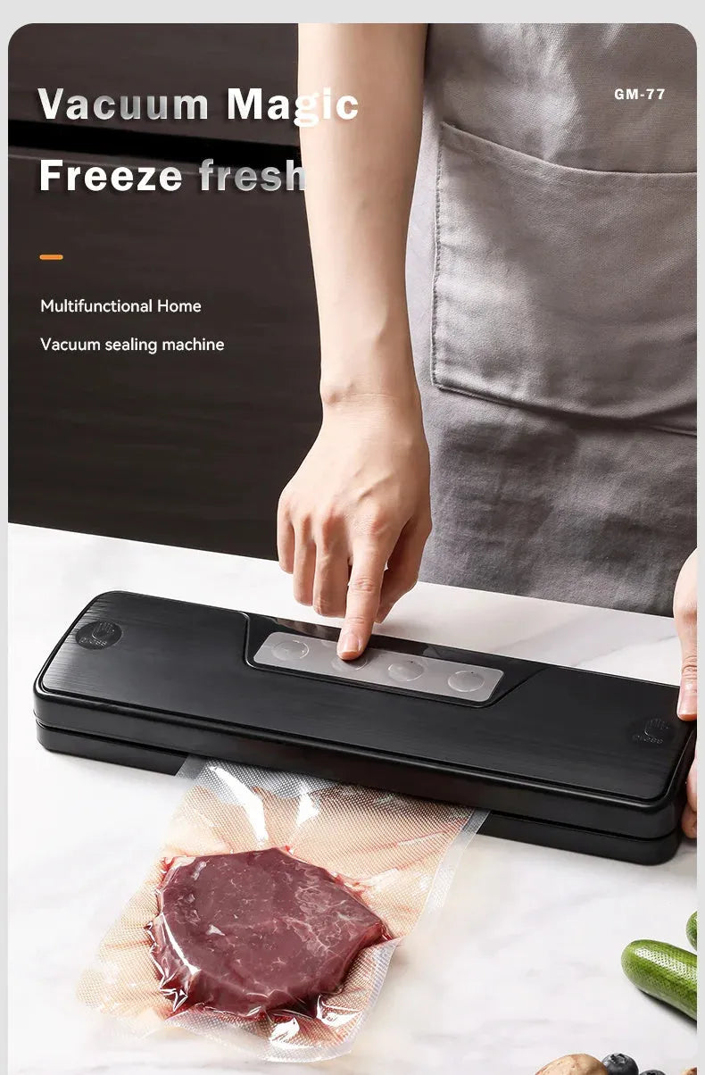 Small white automatic vacuum sealer machine for home food preservation on a kitchen counter.