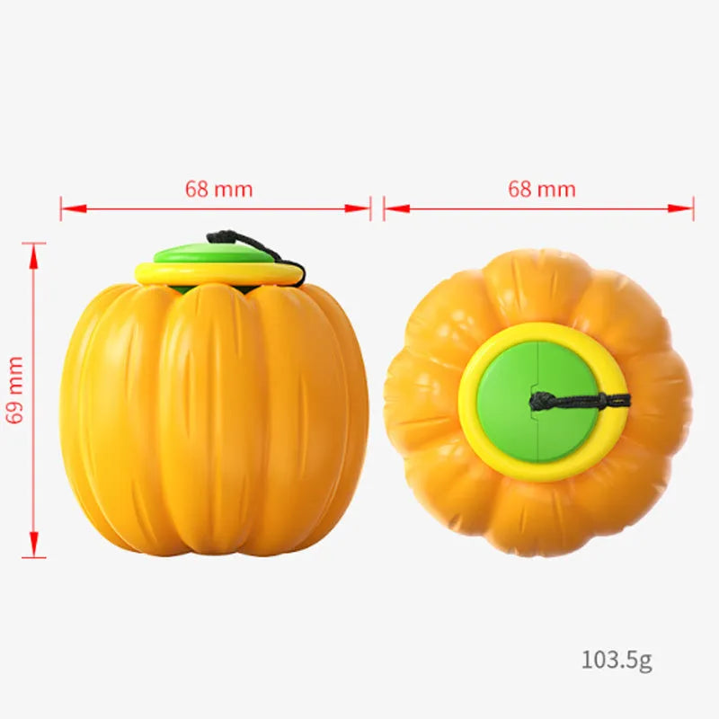Green, orange, and yellow plastic pumpkin-shaped dog balls with a squeaker.