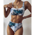 Women's high-waist bikini with marble tie-dye print and U-neck top