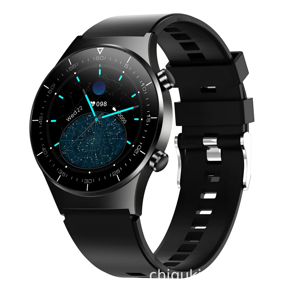 Black smart watch with TPU strap showing a 1.28-inch touchscreen display on a wrist.