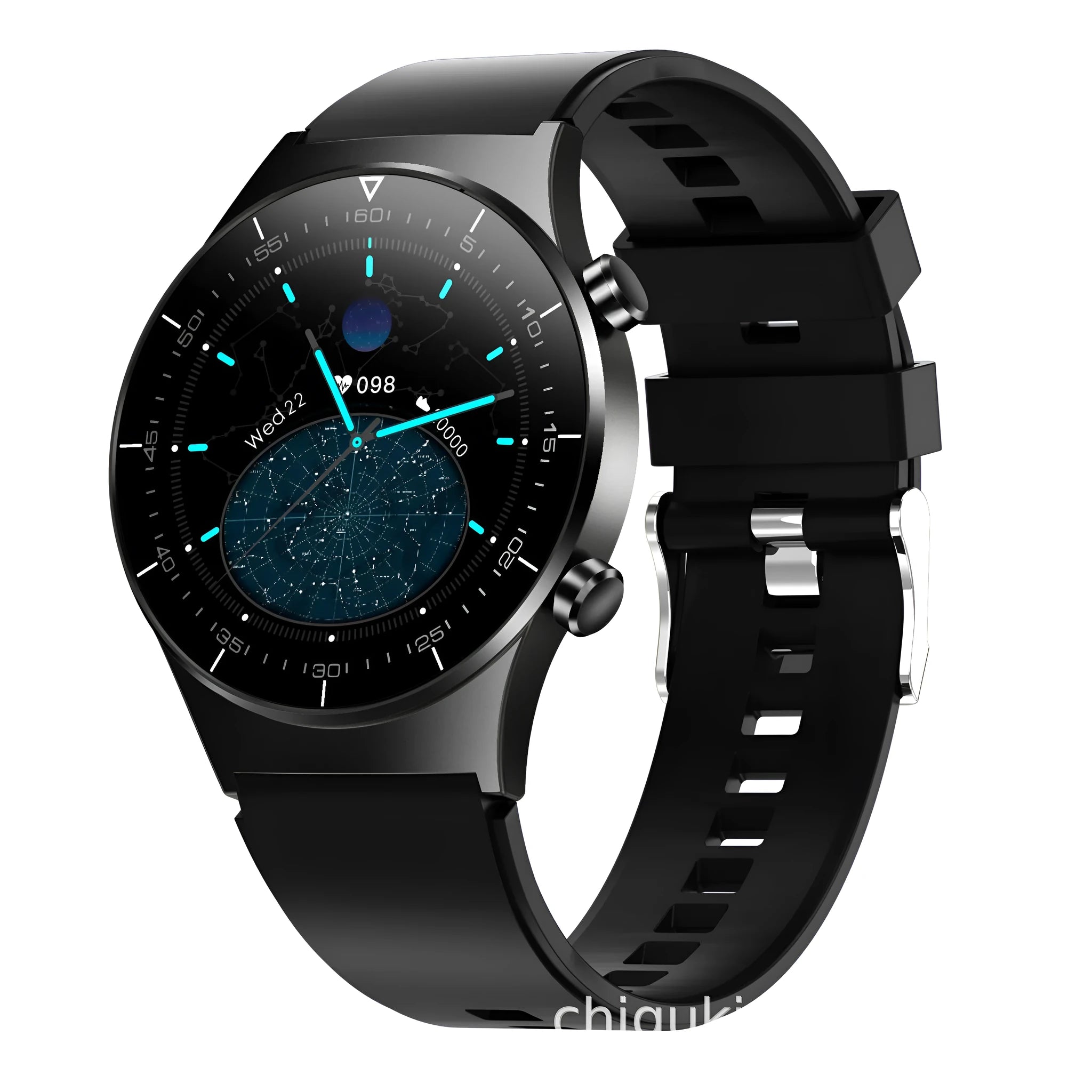 Black smart watch with TPU strap showing a 1.28-inch touchscreen display on a wrist.
