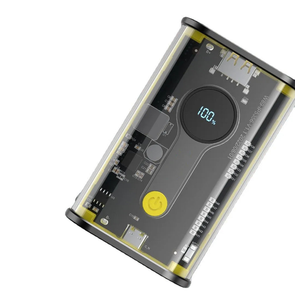 Transparent industrial design power bank showing internal aluminium battery casing with 10000mAh capacity
