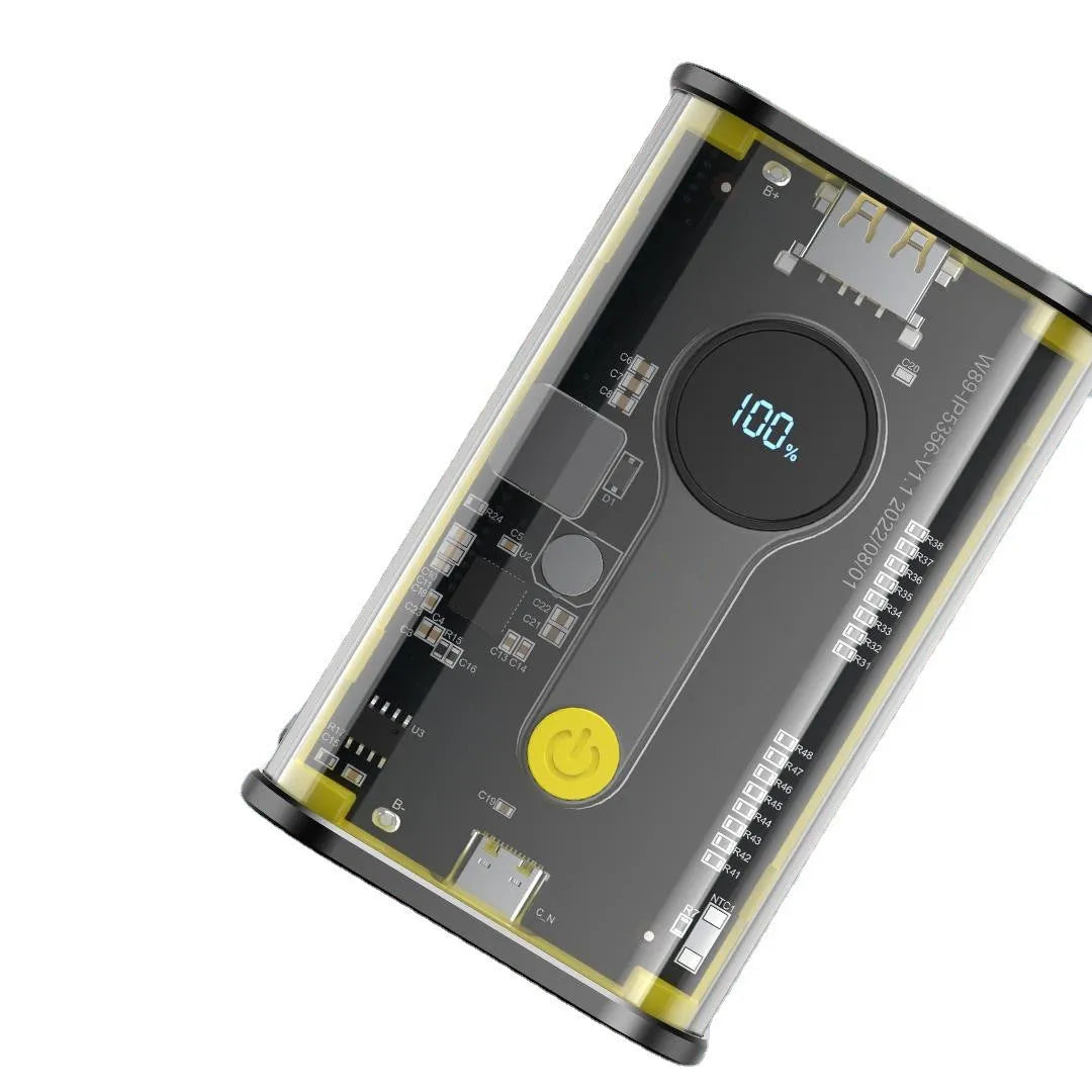 Transparent industrial design power bank showing internal aluminium battery casing with 10000mAh capacity