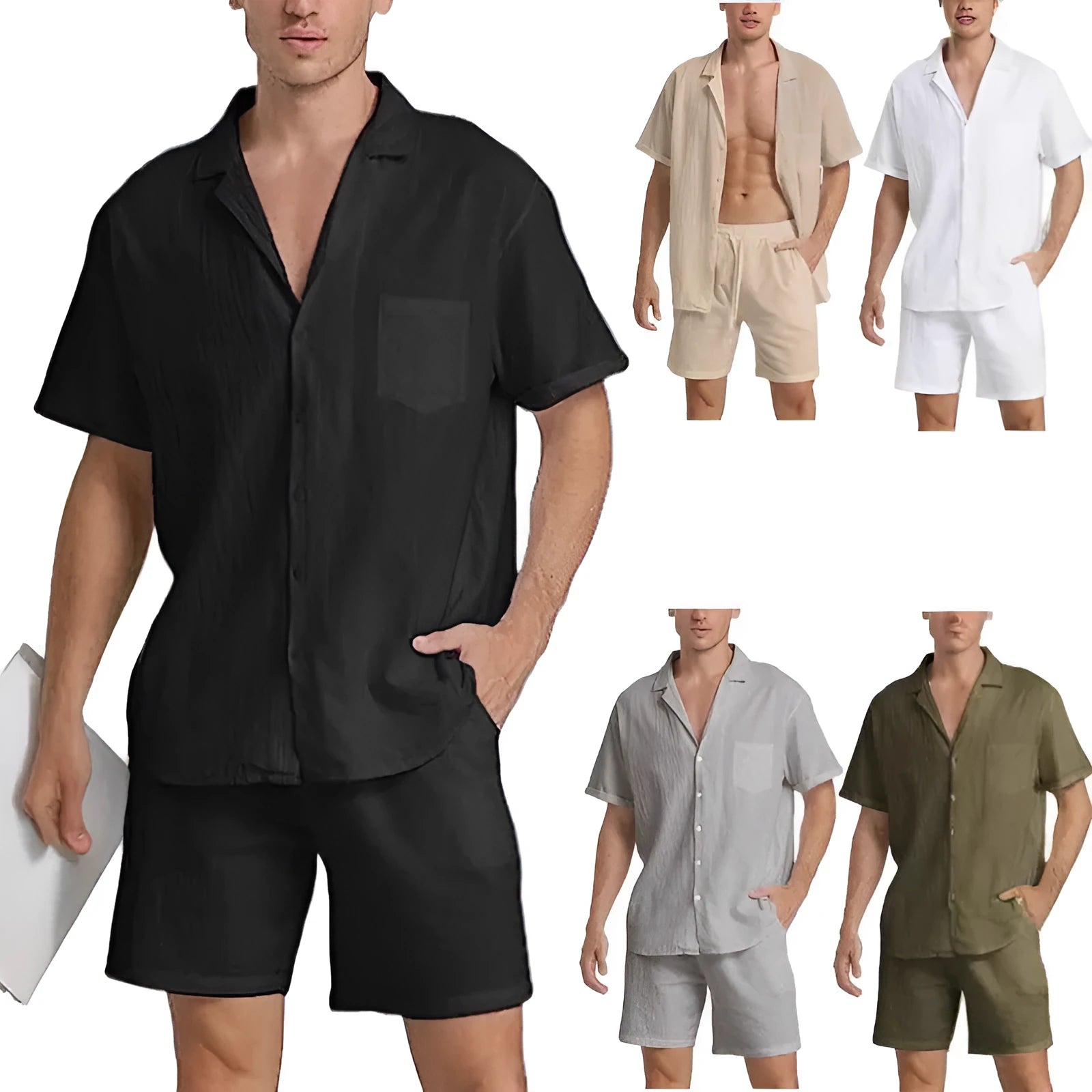 Men's flax short-sleeved top and shorts suit in army green on a grey background.