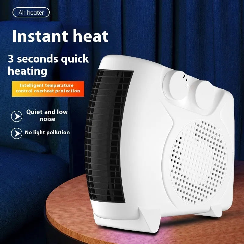 Small white electric space heater with a rectangular design, suitable for desktop or floor use.