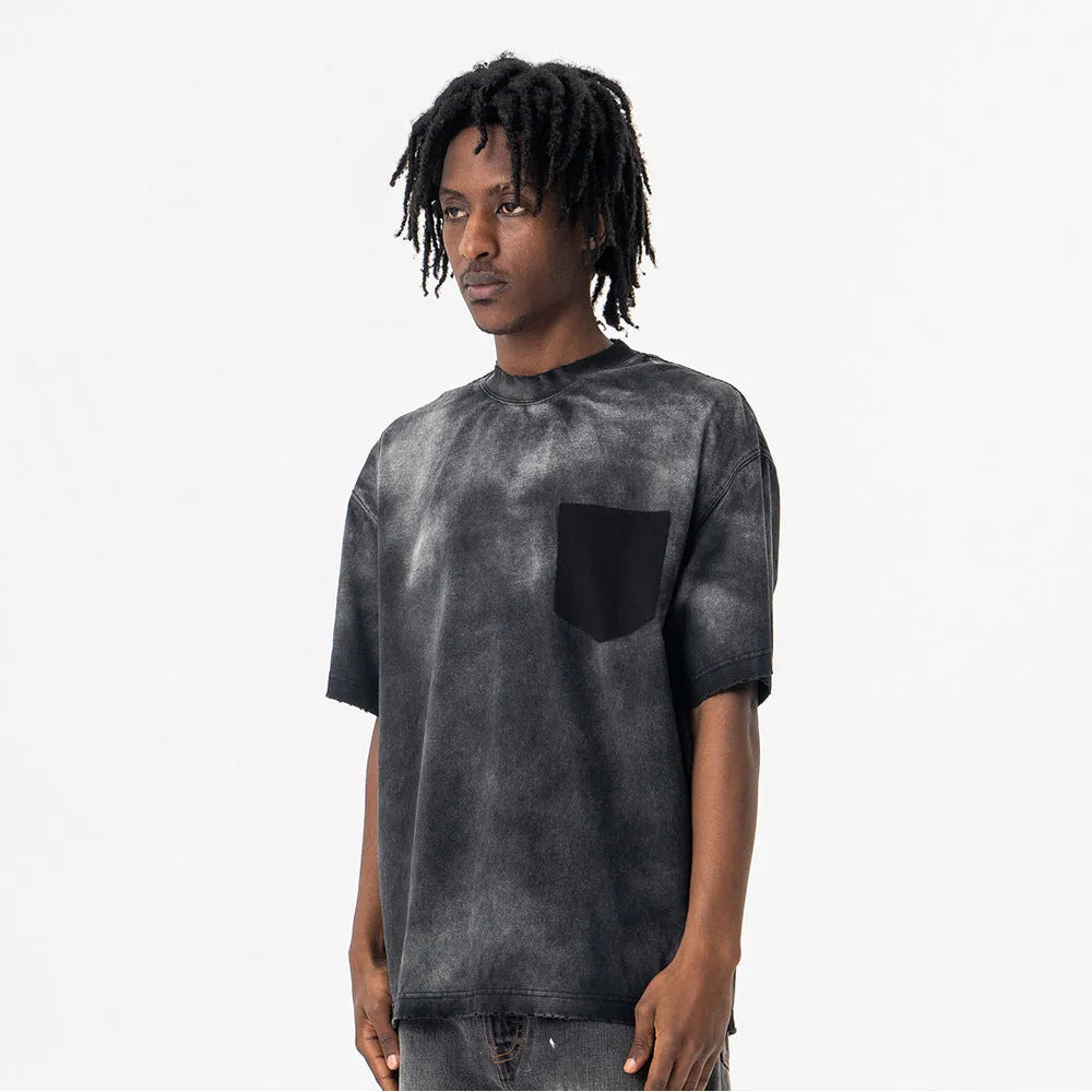 Black cotton men's t-shirt with printed letter design and loose fit short sleeves