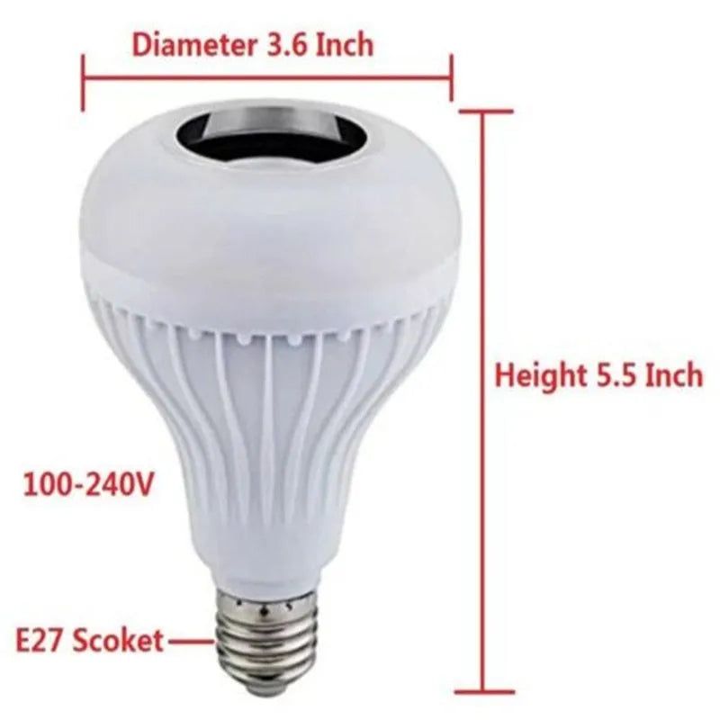 White smart LED bulb with E27 base featuring Bluetooth speaker and remote for colour control.