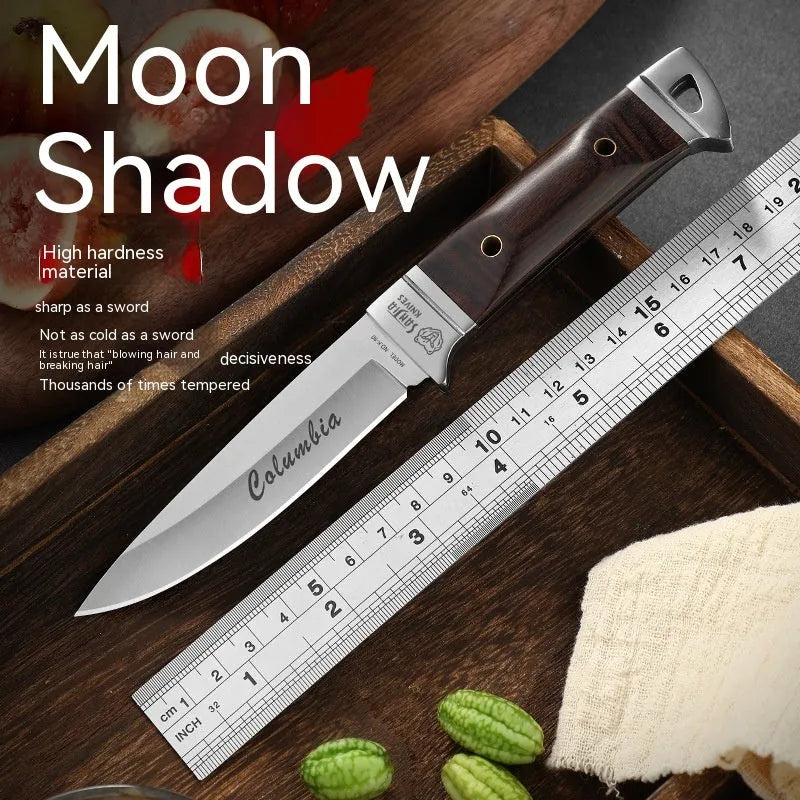 Camping portable fruit knife with stainless steel blade and leather sheath in national style design