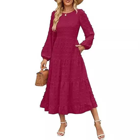Women's long sleeve autumn dress with ruffle sleeves and high waist in solid colour options