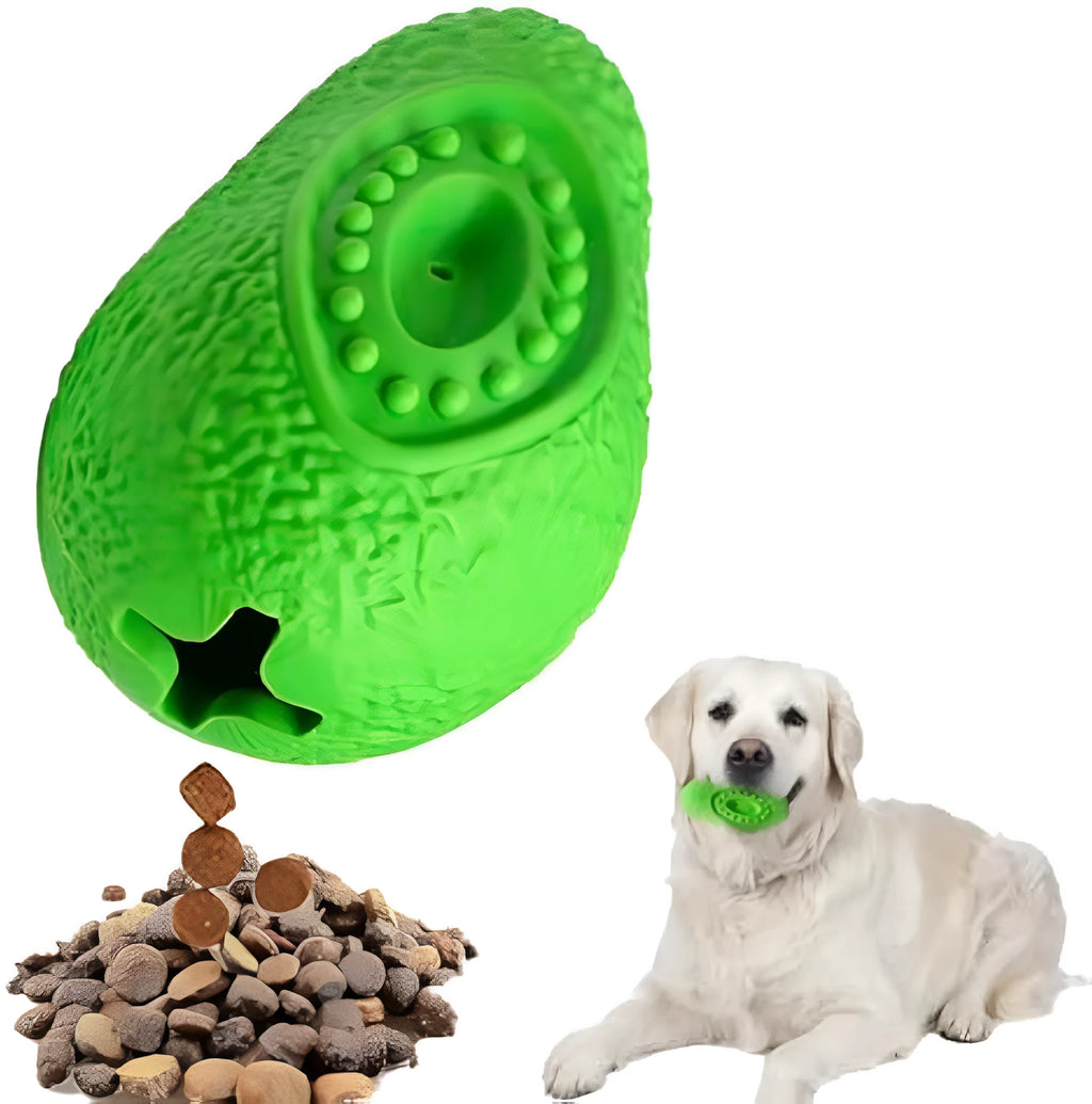 Green avocado-shaped natural rubber dog chew toy with textured surface for aggressive chewers