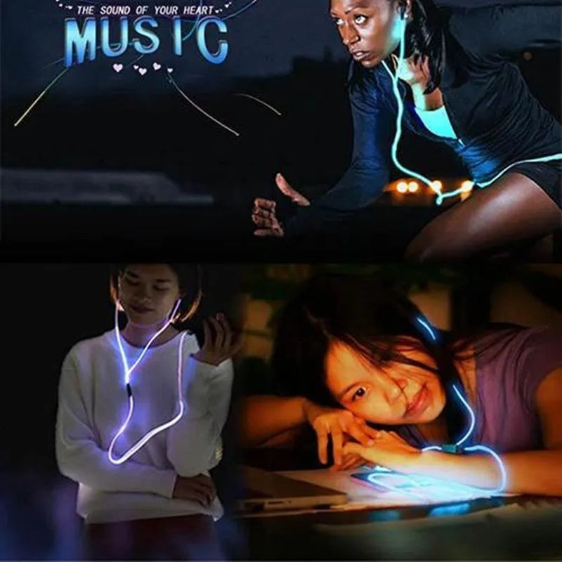 Blue LED light up earphones with 3.5mm plug and inline remote control on a dark background.