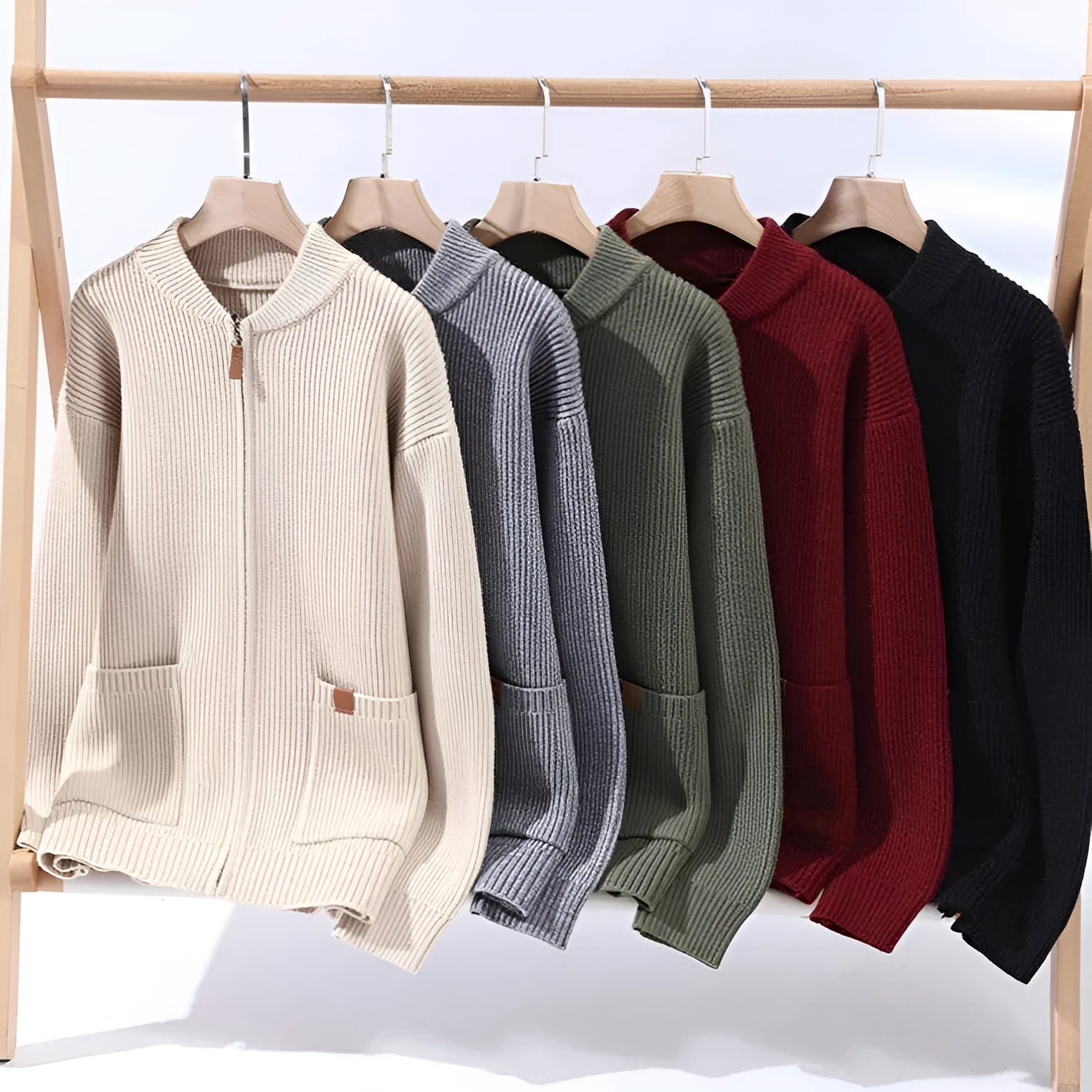 Men's striped cardigan jacket in a chemical fibre blend, shown in beige, with a straight fit.