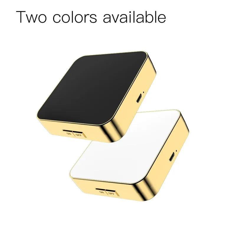 Black and white LED makeup mirror showing standard and 4x magnification sides with adjustable lighting.