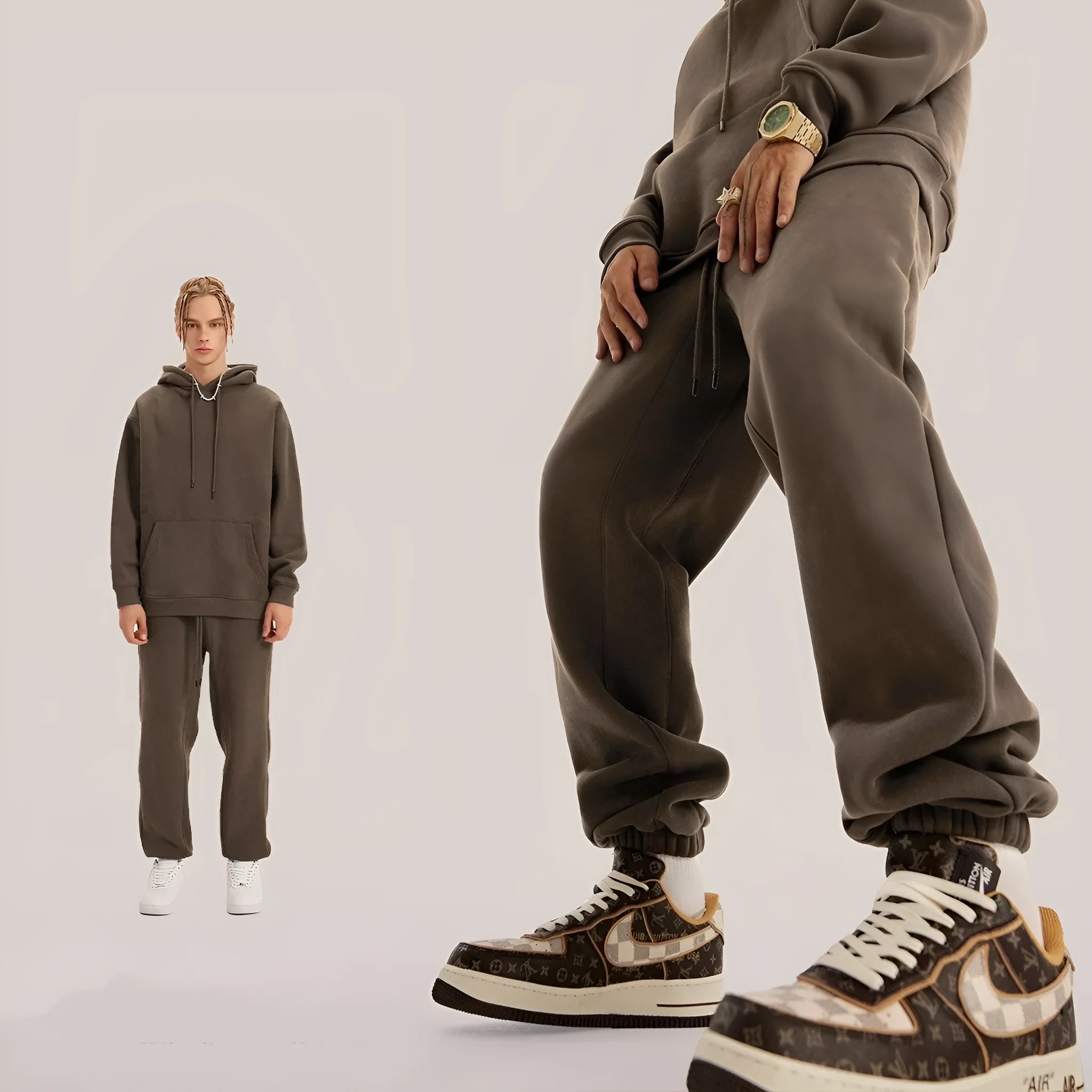 Men's cotton velvet sweatpants with ankle banded design in solid dark brown colour
