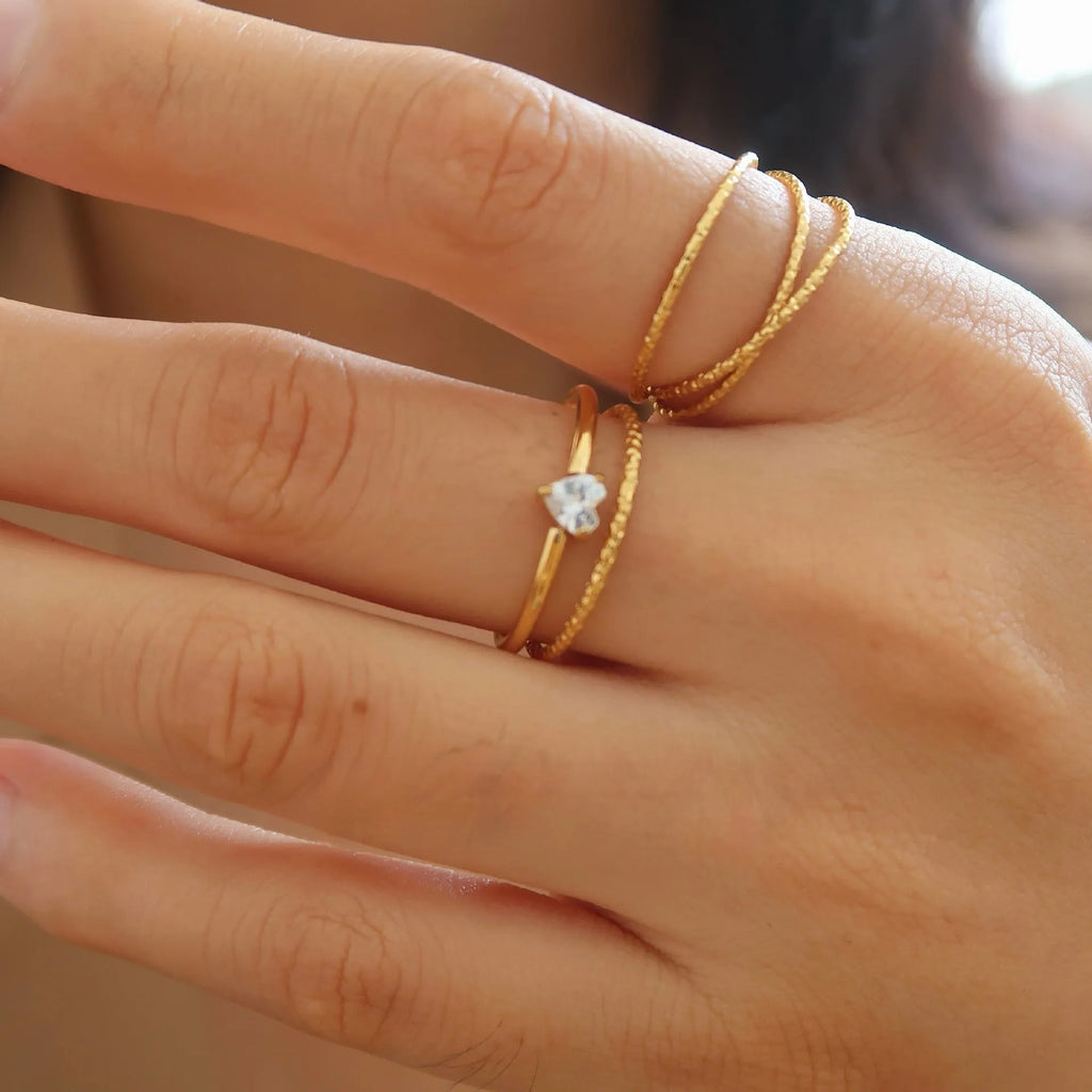 Golden stainless steel ring showing heart shape and oval style options for women in multiple sizes
