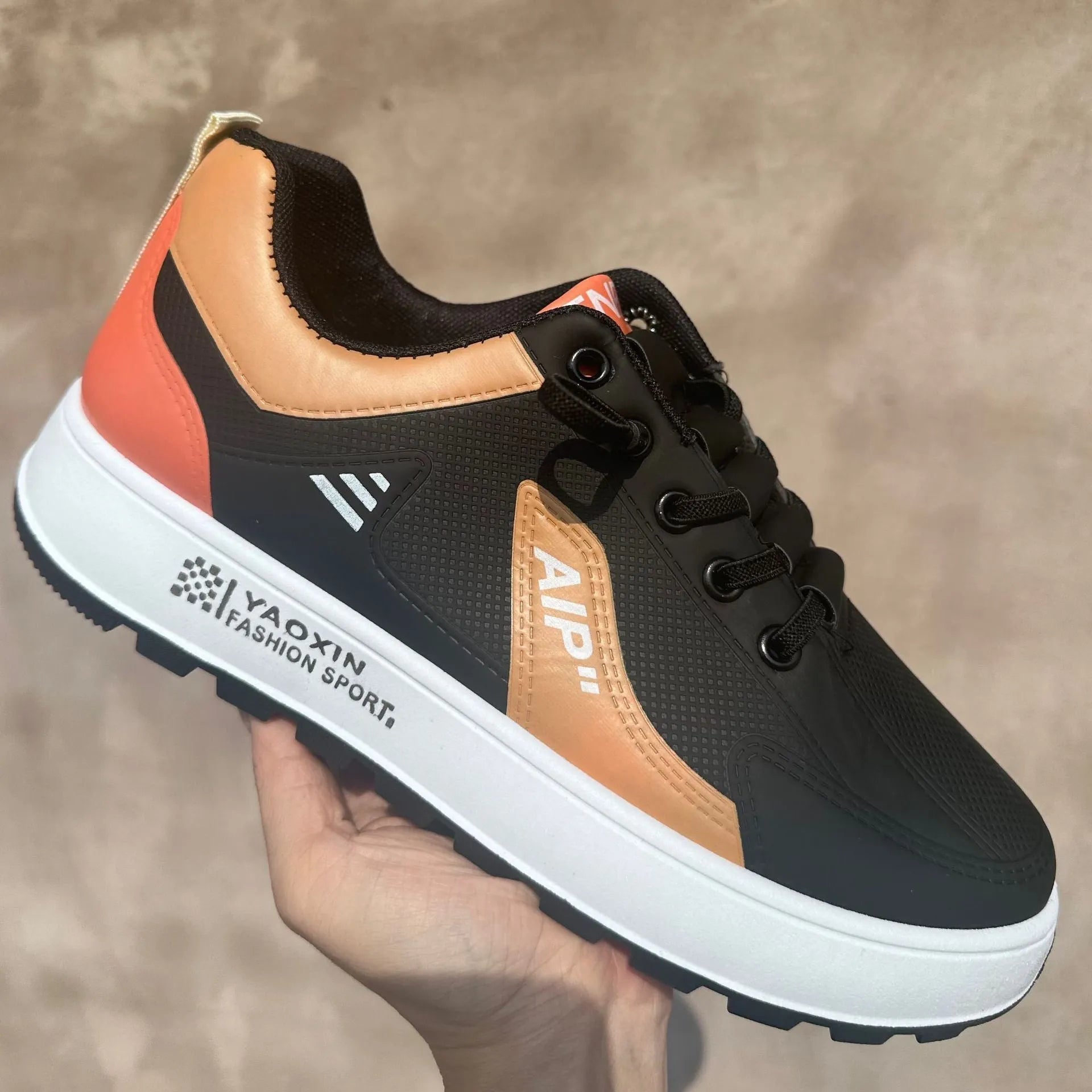 Men's round-toe casual shoes in artificial PU with white and orange, black, or brown colour options