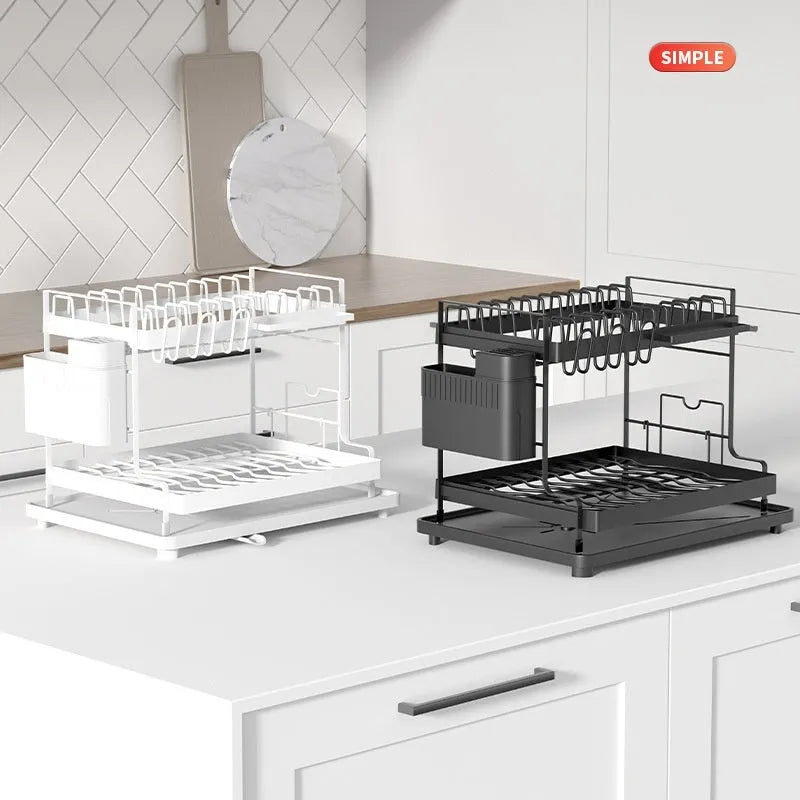 White double-layer kitchen draining rack with removable storage compartments on countertop