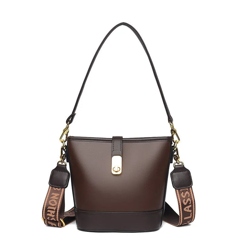 Korean style black PU bucket messenger bag with organised interior compartments and double shoulder straps
