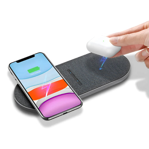 Black dual wireless charging pad for two phones with LED indicators