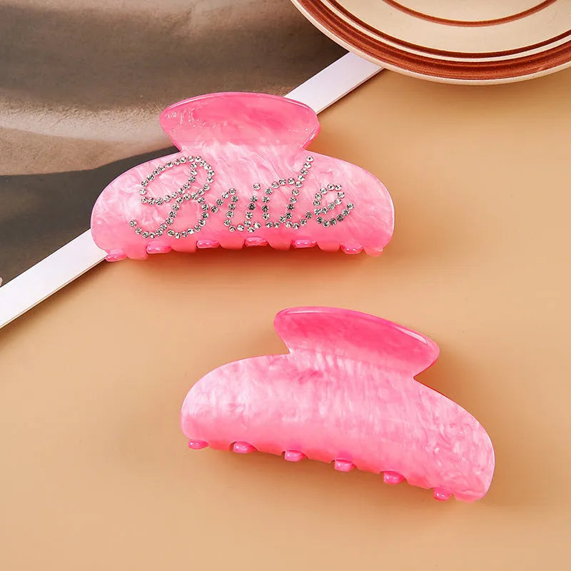 Pink acrylic hair claw clip with diamond pattern and English letters decoration, 10cm size