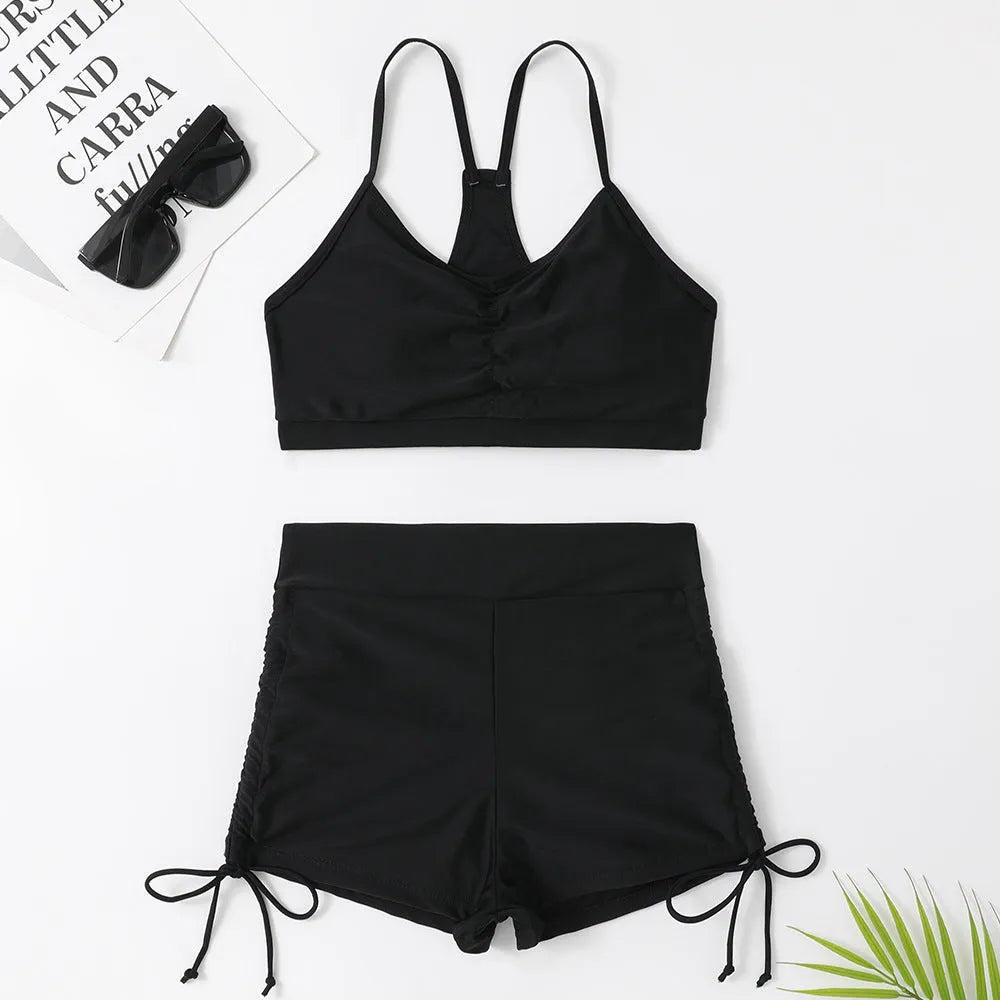 Women's high waist split swimsuit in black or violet nylon spandex fabric for swimming